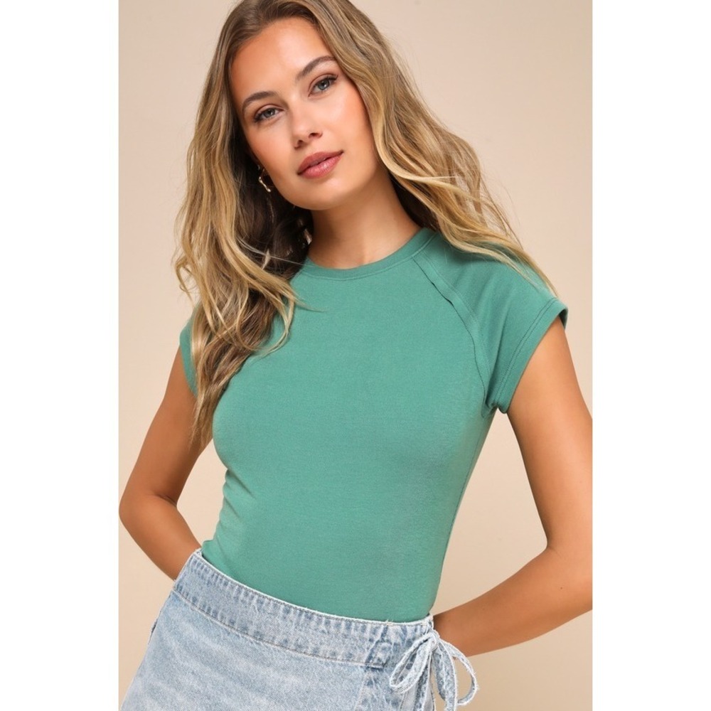 Lulus Casual Composure Green Raglan Sleeve Crew Neck Tee - Size XL